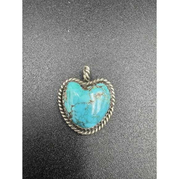 Jewelry - Vintage Navajo Turquoise Heart Pendant Silver Marked AG 5.39g See Condition VG+